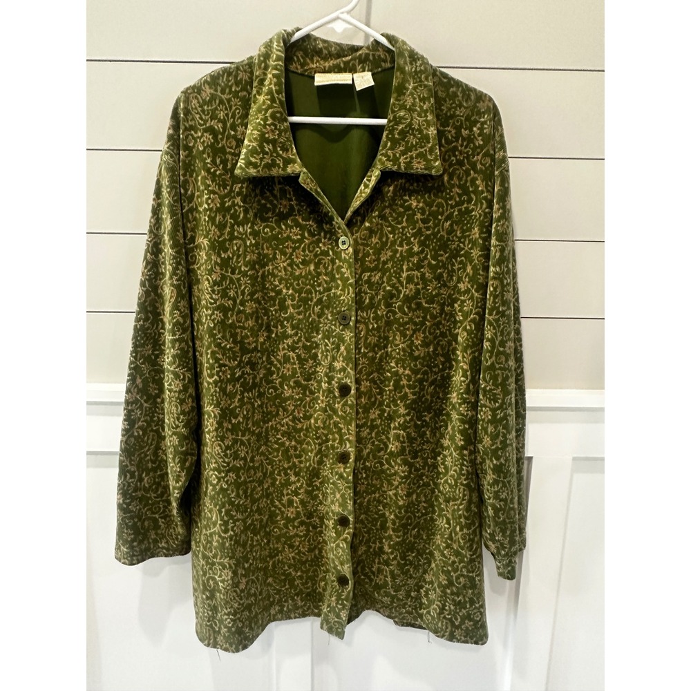 Elisabeth Liz Claiborne Olive Green Corduroy Floral Scroll Shirt Jacket Size 2